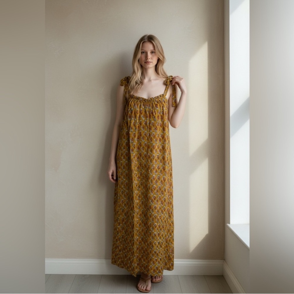 Smocked Tie-Shoulder Mustard Floral Maxi Dress